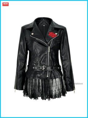 Faux leather lace moto jacket with peplum rose vintage riding coat